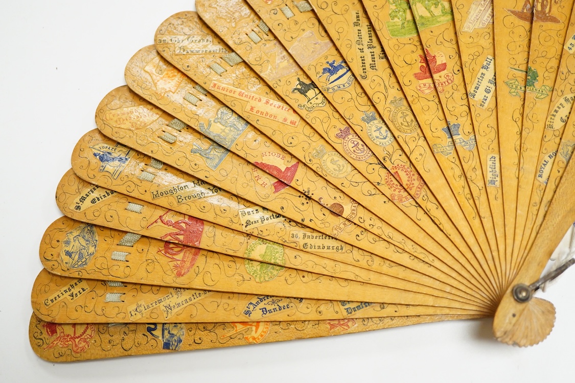 An unusual 19th century Chinese export gilt-decorated tortoiseshell and painted leaf fan, two English fans decorated with paper printed paper crests and a single sided Canton fan leaf lacking sticks, largest 23cm in leng